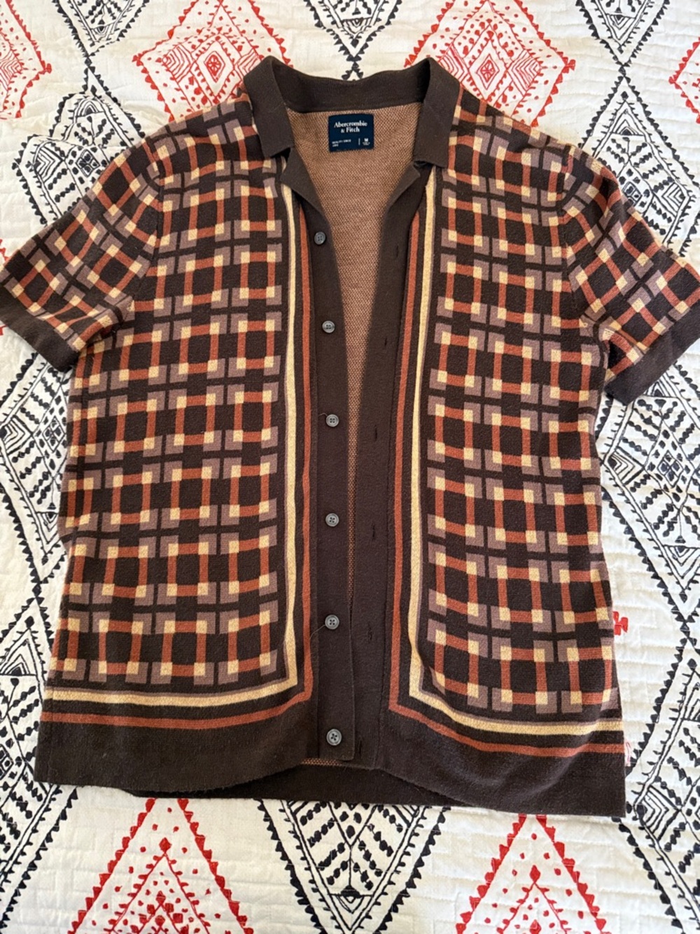 Abercrombie & Fitch Brown Plaid Short-Sleeve Knit Cardigan